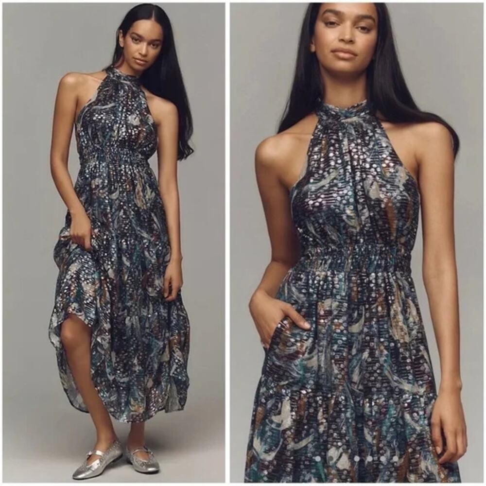 ANTHROPOLOGIE Metallic Flowy Chiffon The Somerset Halter Neck Maxi Dress XS NWT